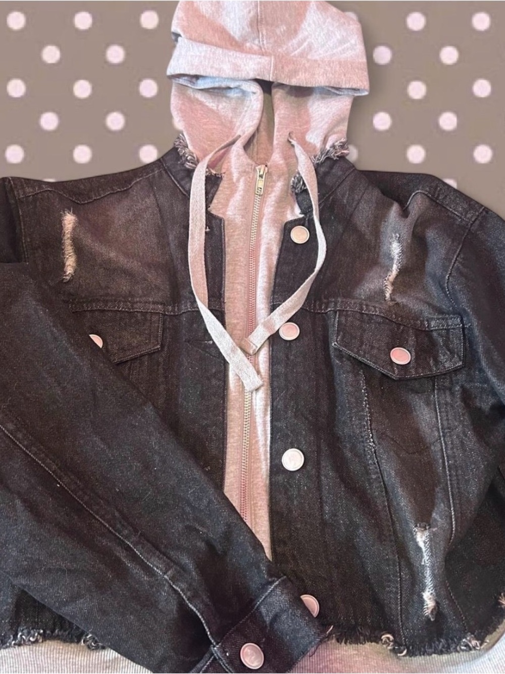 Women’s Black Distressed Denim Jacket with Gray Hooded Layer